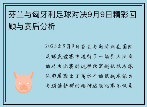 芬兰与匈牙利足球对决9月9日精彩回顾与赛后分析